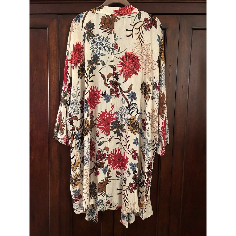RAIN Floral Kimono Cardigan Duster Ivory Red Brown Blue Women's Size L